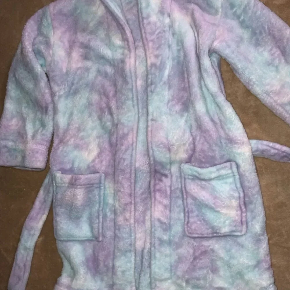 Wonder‎ Nation Girls XS (4-5) Purple Green Blue Tie-Dye Fleece House Coat Robe
